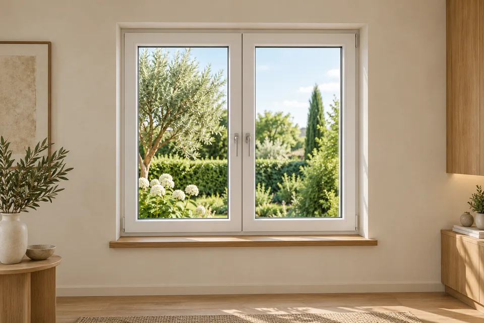 Illustratives Wohnbeispiel mit einem weißen zweiflügeligen Fenster