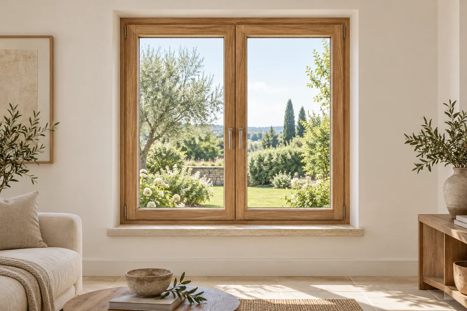 Illustratives Wohnbeispiel mit einem zweiflügeligen Holzfenster